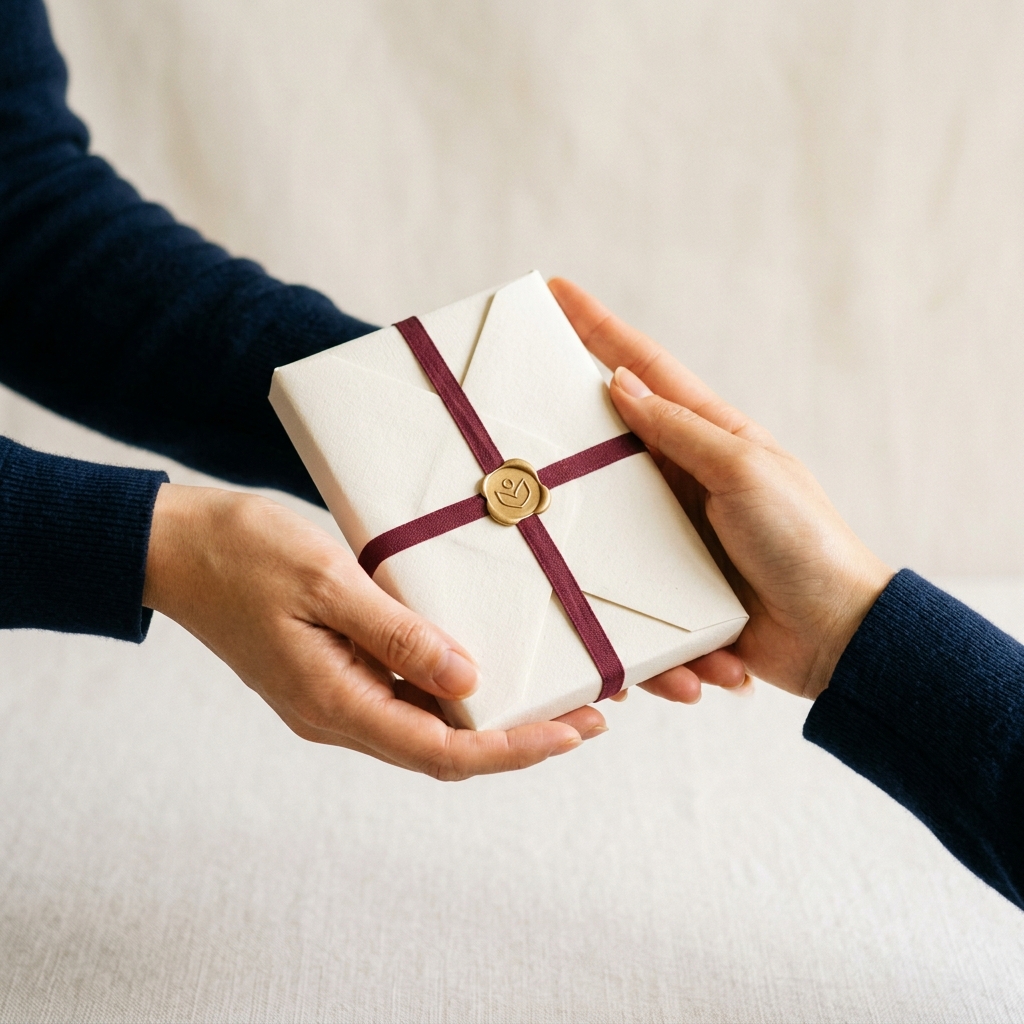 Minimalist presentation of Asian hands offering a symbolic gift representing philanthropy and charitable trusts