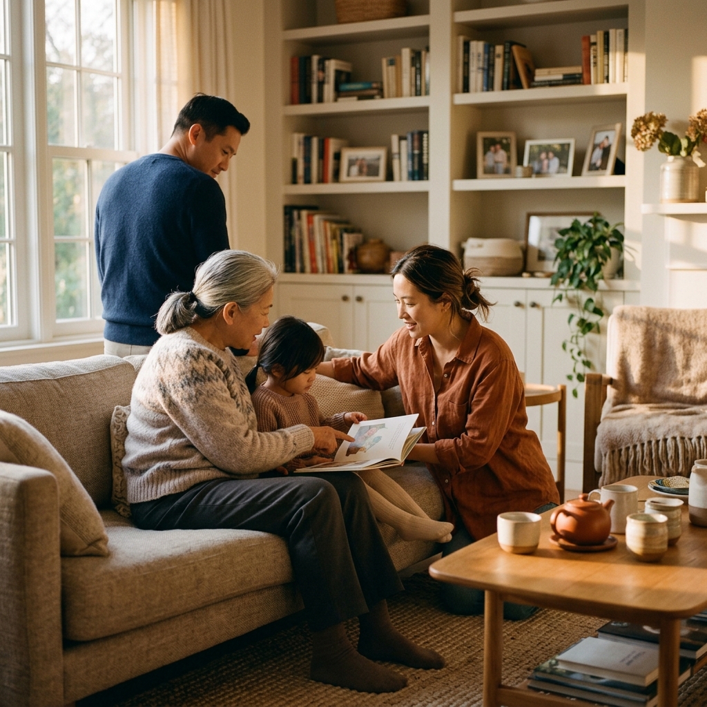 Three-generation Asian family smiling together in a warm living room, representing estate planning and family legacy