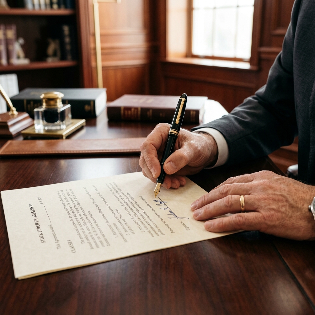 Close-up of hands signing legal probate and estate administration documents on a desk